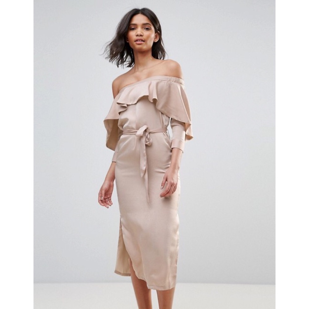 Neon Rose Off Shoulder Nude Dress